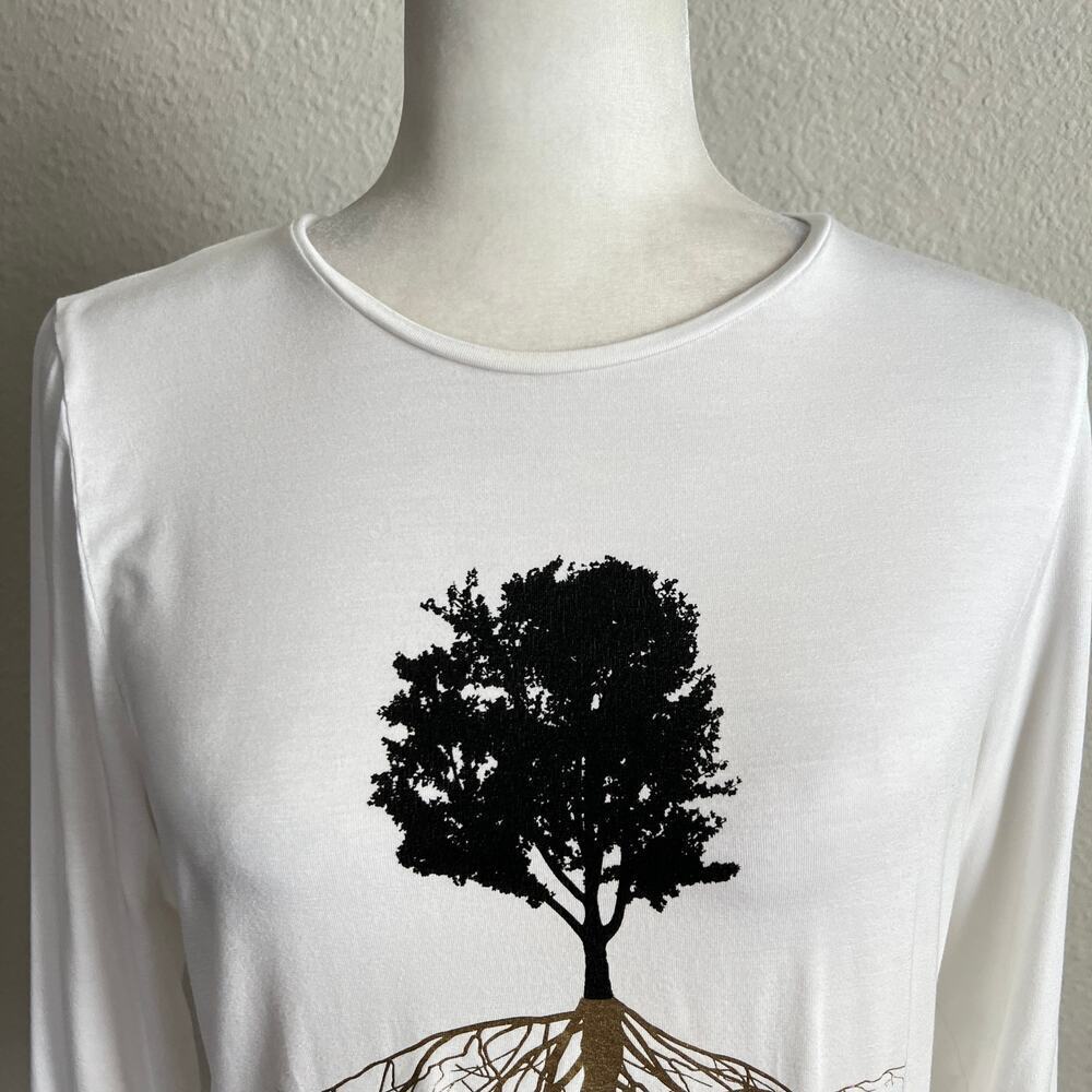Mikah White Tree Root Graphic Top Women's Large Stretch 3/4 Sleeve Earth Nature - Picture 2 of 8